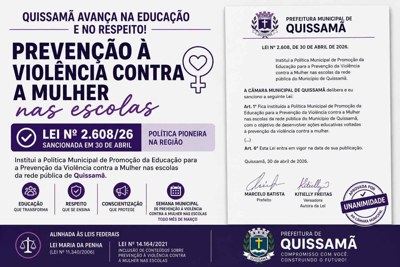 Quissamã sanciona lei pioneira que leva prevenção à violência contra a mulher para escolas